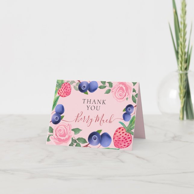 Carte De Remerciements Bleuets et fraises Cadre avec Roses roses roses (Devant)