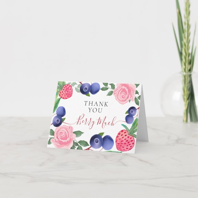 Carte De Remerciements Bleuets et fraises Cadre avec Roses roses roses (Devant)