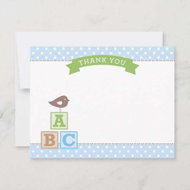 Carte De Remerciements Blocs ABC Bleu et Vert Oiseau Bébé Garçon (Devant)