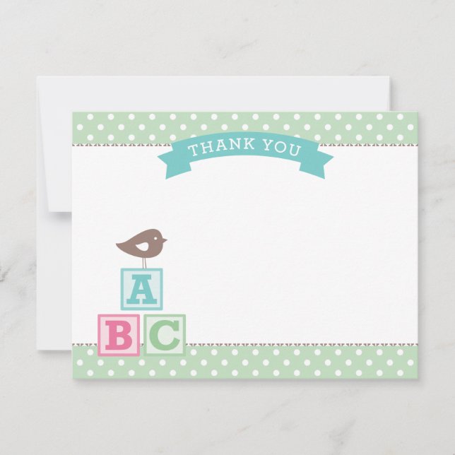Carte De Remerciements Blocs ABC Vert Menthe Fête Bébé Oiseau (Devant)