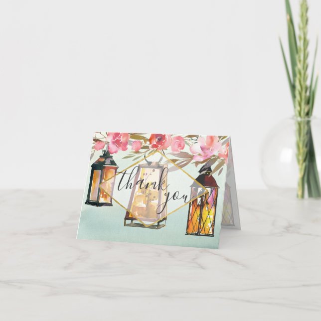 Carte De Remerciements Blond à l'intérieur Rustic Romantic Lanterns Rose  (Devant)