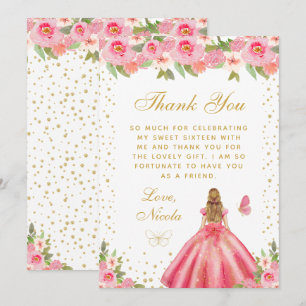 Carte De Remerciements Blonde aux fleurs roses Princesse Sweet Seize Ans