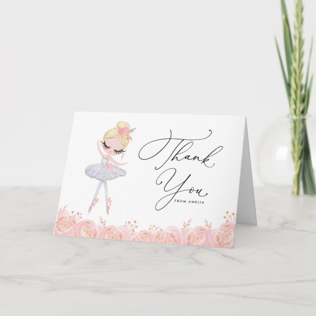 Carte De Remerciements Blonde Ballerina en robe blanche Fleur Anniversair (Devant)