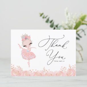 Carte De Remerciements Blonde Girl Ballerina en Robe Rose Anniversaire