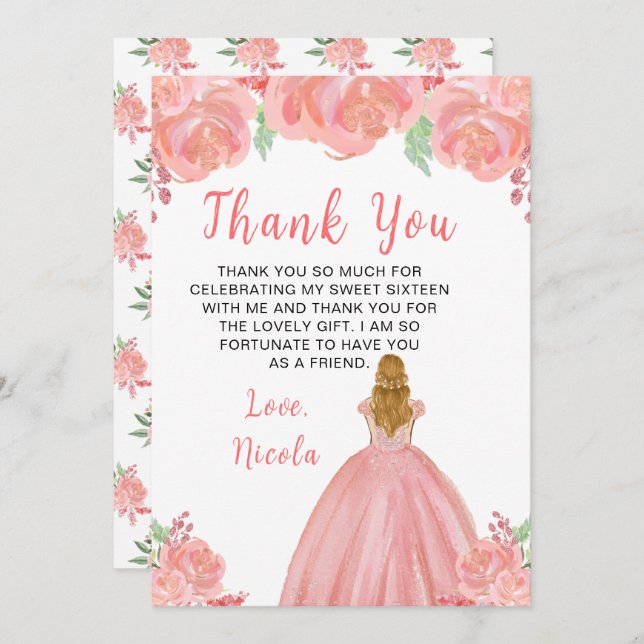 Carte De Remerciements Blonde Hair Princess Pink Sweet Sixteen (Devant / Derrière)