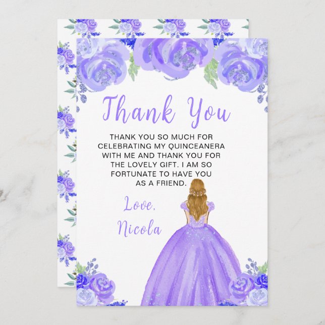 Carte De Remerciements Blonde Hair Princess Purple Floral Quinceanera (Devant / Derrière)