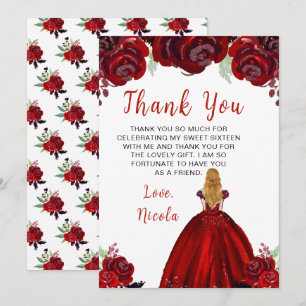 Carte De Remerciements Blonde Hair Princess Red Floral Sweet sixteen