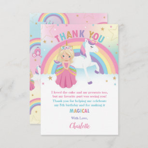 Carte De Remerciements Blonde Princess et Rainbow Unicorn rose anniversai