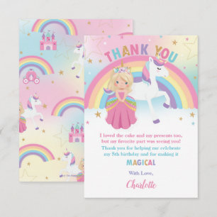 Carte De Remerciements Blonde Princess et Rainbow Unicorn rose anniversai