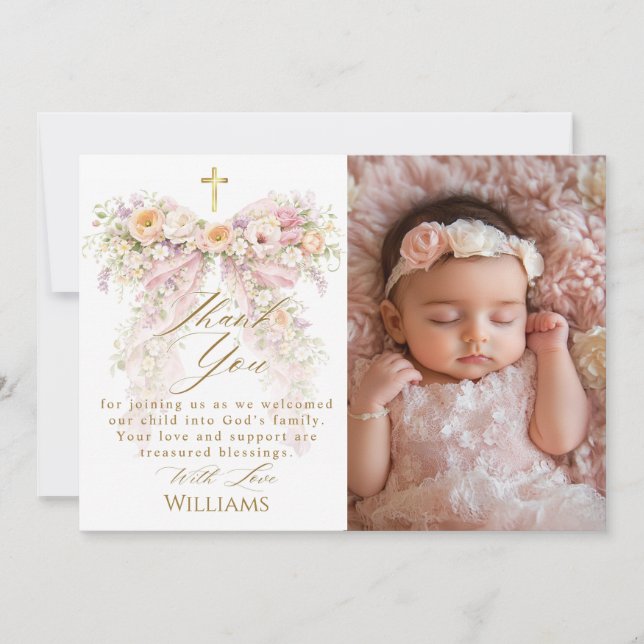 Carte De Remerciements Bloom Floral Bow Girl Baptism (Devant)