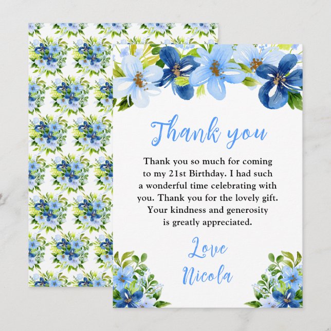 Carte De Remerciements Blue and Navy Flowers with Foliage Birthday (Devant / Derrière)