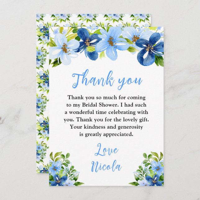 Carte De Remerciements Blue and Navy Flowers with Foliage Bridal Shower (Devant / Derrière)