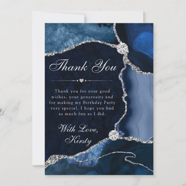 Carte De Remerciements Blue and Silver Faux Glitter Agate Birthday (Devant)