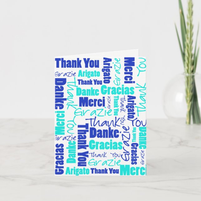 Carte De Remerciements Blue and Turquoise Multilingual Thank You (Devant)
