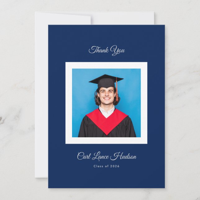 Carte De Remerciements Blue and White Modern High School Photo Grad (Devant)