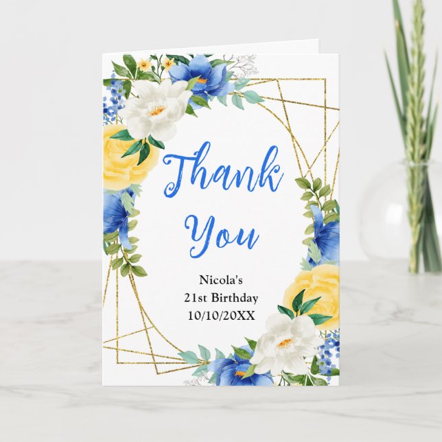 Carte De Remerciements Blue and Yellow Floral Birthday (Devant)