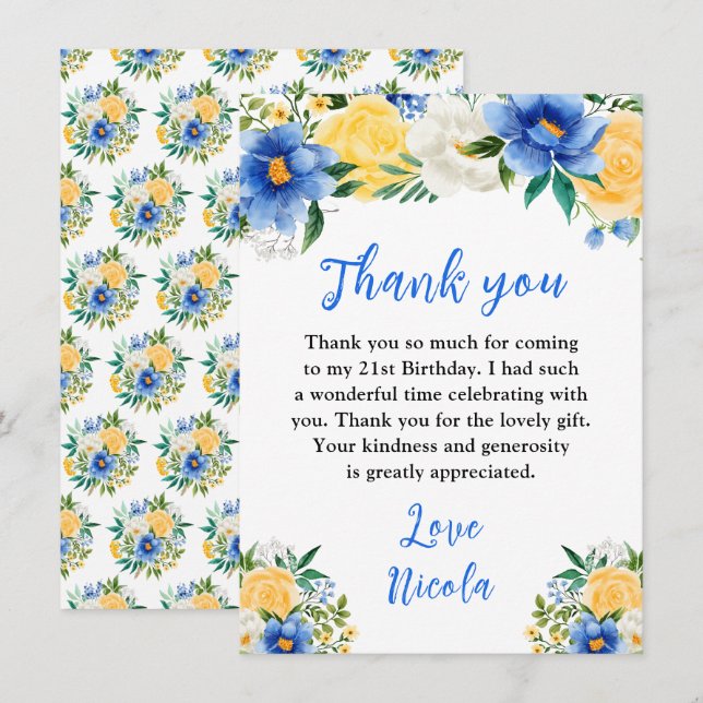 Carte De Remerciements Blue and Yellow Floral Birthday (Devant / Derrière)