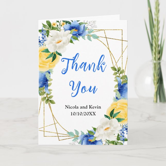 Carte De Remerciements Blue and Yellow Floral Wedding (Devant)