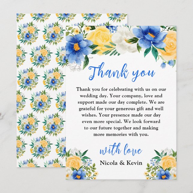 Carte De Remerciements Blue and Yellow Floral Wedding (Devant / Derrière)