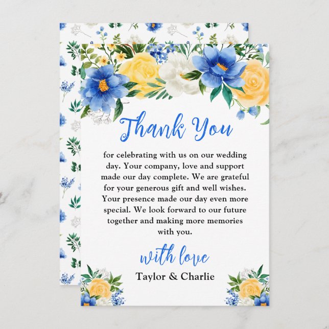 Carte De Remerciements Blue and Yellow Floral Wedding (Devant / Derrière)