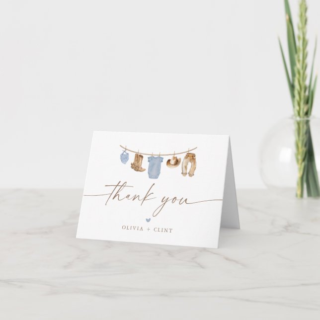 Carte De Remerciements Blue Baby Clothesline Little Cowboy Baby Shower (Devant)