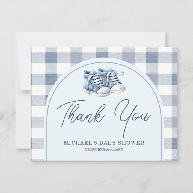 Carte De Remerciements Blue Baby Shoes Gingham Boy Booties Baby Shower (Devant)