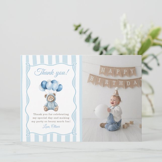 Carte De Remerciements Blue Balloons Teddy Bear Birthday Thank You Card (Debout devant)