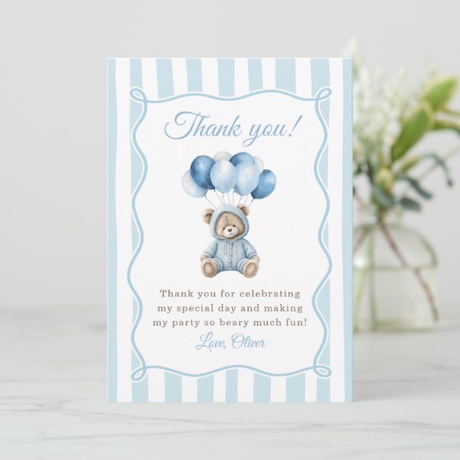 Carte De Remerciements Blue Balloons Teddy Bear Birthday Thank You Card (Debout devant)
