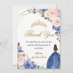 Carte De Remerciements Blue Blush Floral Princess Tiara Quinceañera 15e