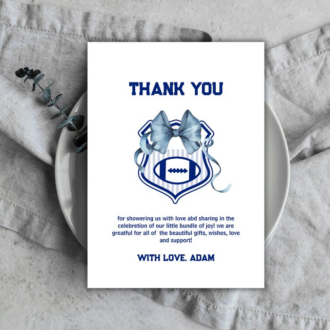 Carte De Remerciements Blue Bow Crest Rookie Football Sport Baby Shower (Blue Bow Crest Rookie Football Sport Baby Shower Thank You Card)