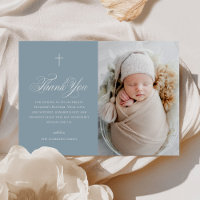 Blue Boy Elegant Cross Calligraphy Photo Baptême