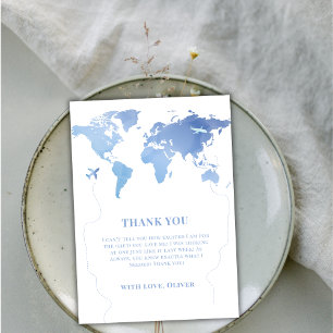 Carte De Remerciements Blue Boy World Map Voyager Baby shower aventure