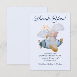 Carte De Remerciements Blue Boy's Elephant Plane Baby shower