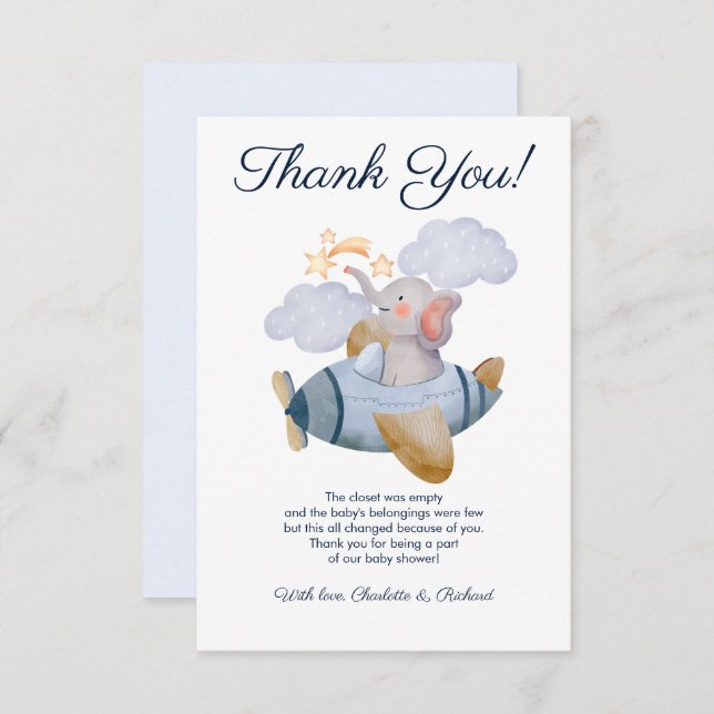 Carte De Remerciements Blue Boy's Elephant Plane Baby shower (Devant / Derrière)
