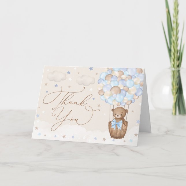Carte De Remerciements Blue Brown Teddy Bear Hot Air Balloon Baby Boy (Devant)