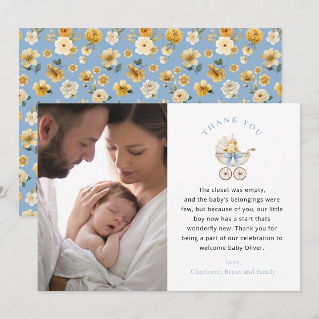Carte De Remerciements Blue Carriage Photo Baby Shower Thank You Card (Devant / Derrière)