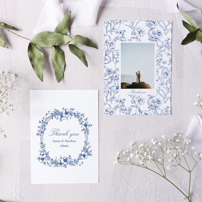Carte De Remerciements Blue Chinoiserie Floral Photo Mariage (Blue chinoiserie toile victorian wedding thank you card)