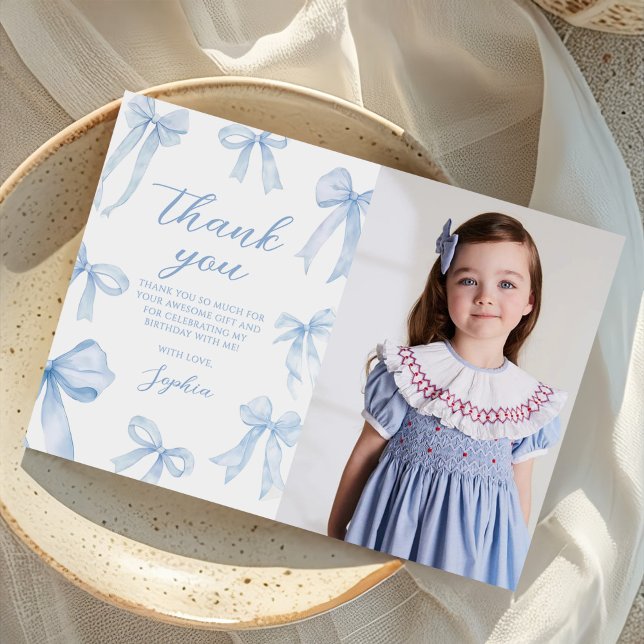 Carte De Remerciements Blue Coquette Bow Girl Birthday Party Photo (Créateur téléchargé)
