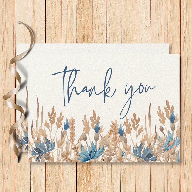 Carte De Remerciements Blue Cornflowers & Blé Field Mariage moderne (Blue Cornflowers & Wheat Field Modern Wedding Thank You Card)