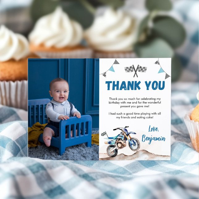 Carte De Remerciements Blue Dirt Bike Boy Birthday Party Photo (Créateur téléchargé)