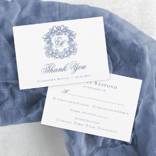 Carte De Remerciements Blue Elegant Monogram Crest Vintage Wedding
