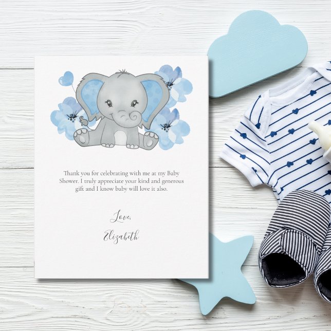 Carte De Remerciements Blue Elephant Balloon Flower Baby shower bébé garç (Blue Elephant Baby Shower Thank you cards For Boy Baby Shower)