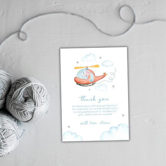 Carte De Remerciements Blue Elephant Helicopter Airplane Baby Shower  (Blue Elephant Helicopter Airplane Baby Shower Thank You Card)