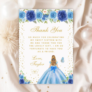 Carte De Remerciements Blue Floral Blonde cheveux Princess Sweet sixteen