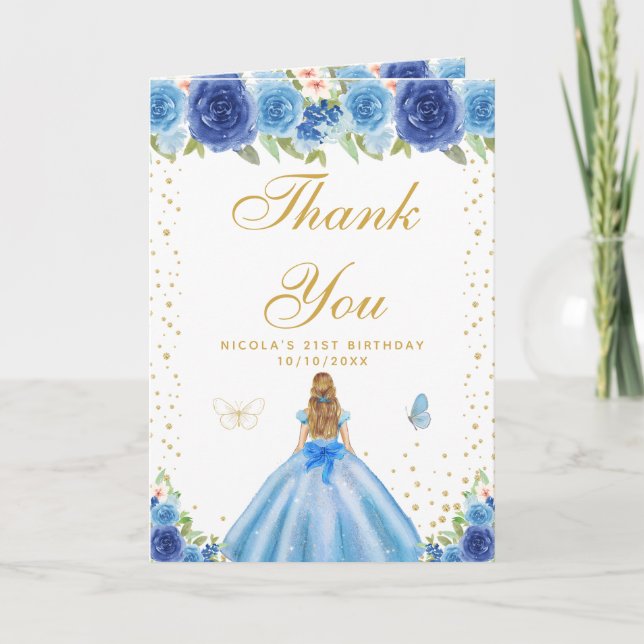 Carte De Remerciements Blue Floral Blonde Hair Girl Birthday (Devant)