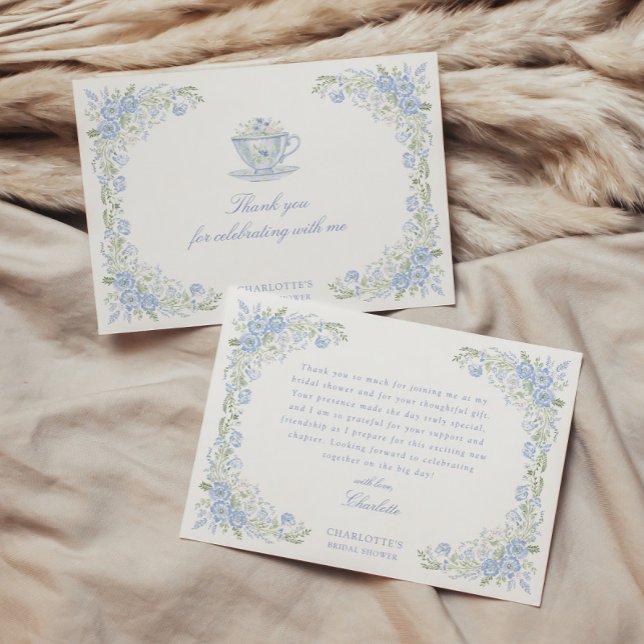Carte De Remerciements Blue Floral Bridal Tea Party (Créateur téléchargé)