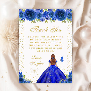 Carte De Remerciements Blue Floral Brown cheveux Princess Sweet sixteen