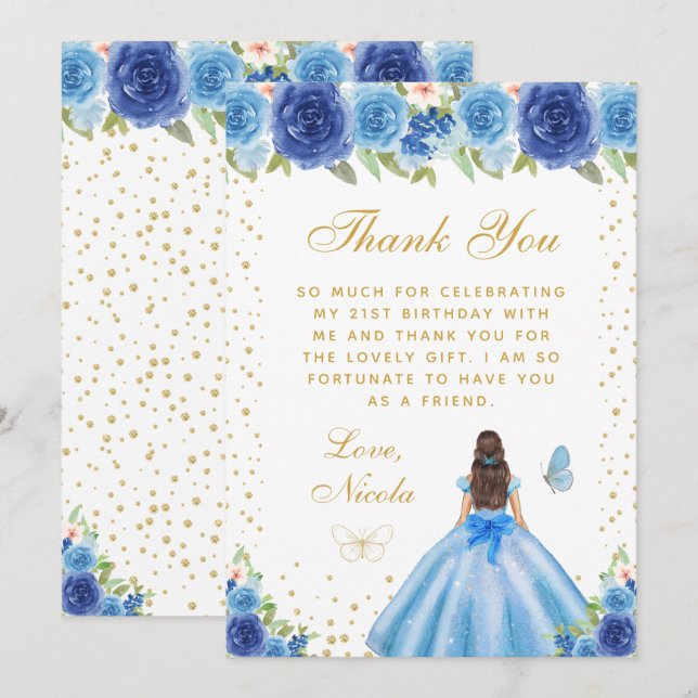 Carte De Remerciements Blue Floral Brunette Hair Princess Birthday Party (Devant / Derrière)