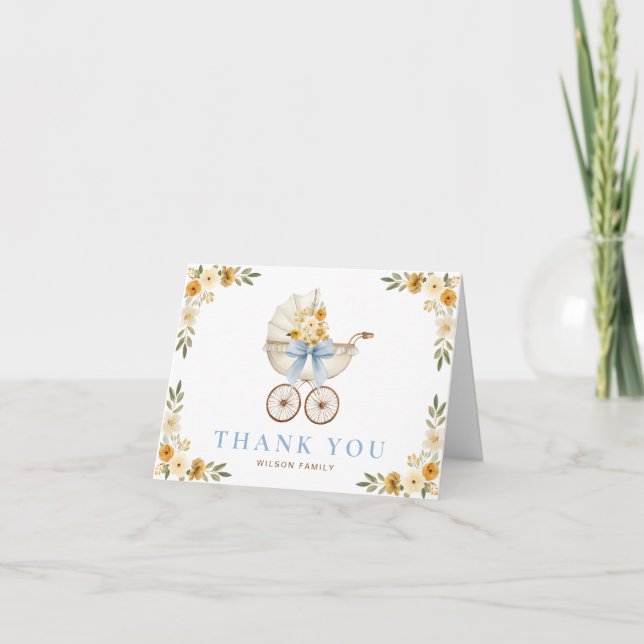Carte De Remerciements Blue Floral Carriage Baby Shower Thank You Card (Devant)