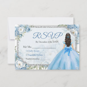 Carte De Remerciements Blue Floral Couronne argent Quinceañera Rsvp